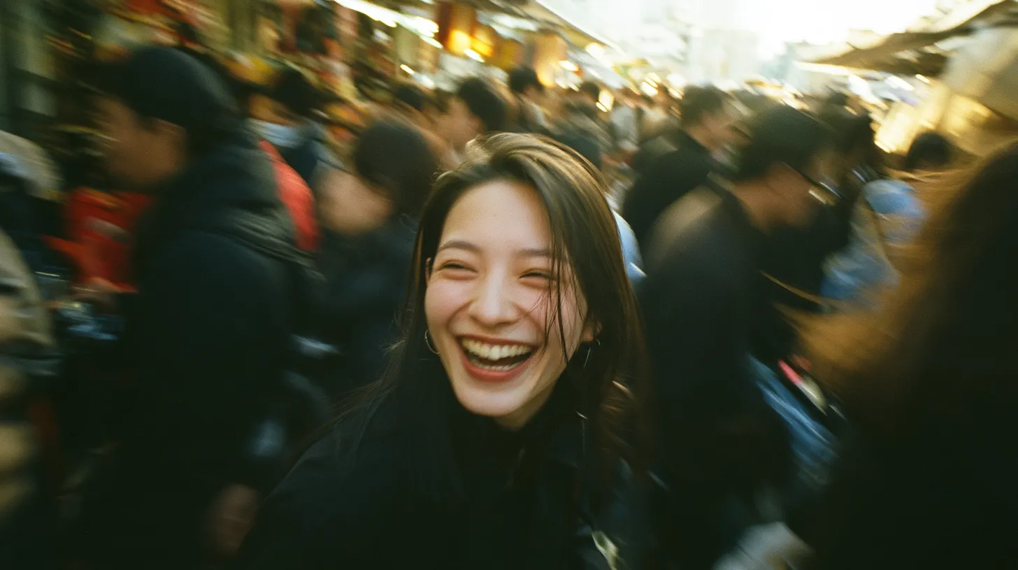 A woman smiles joyfully while surrounded by a bustling crowd.