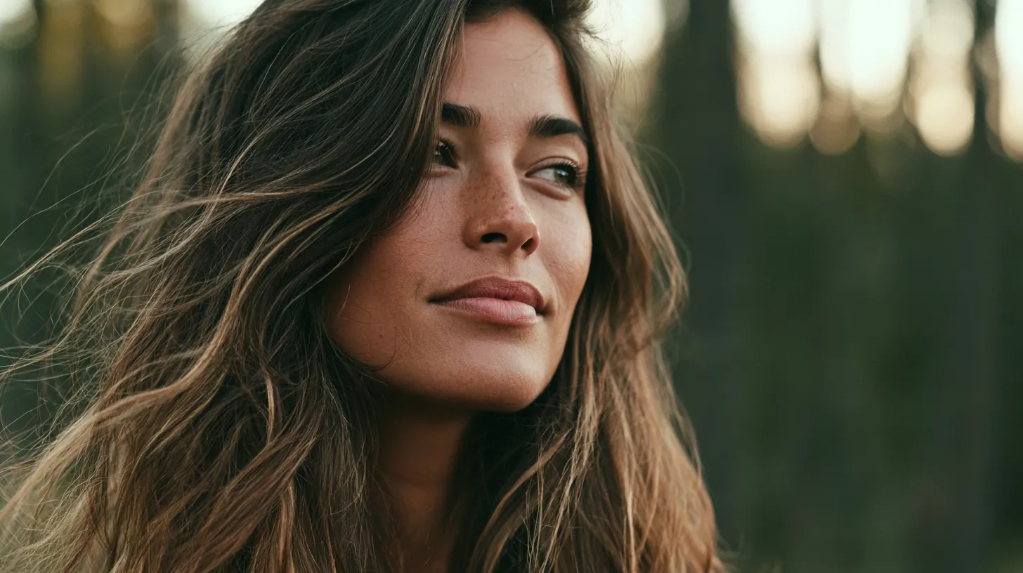 A woman with long hair gazes thoughtfully into the distance.