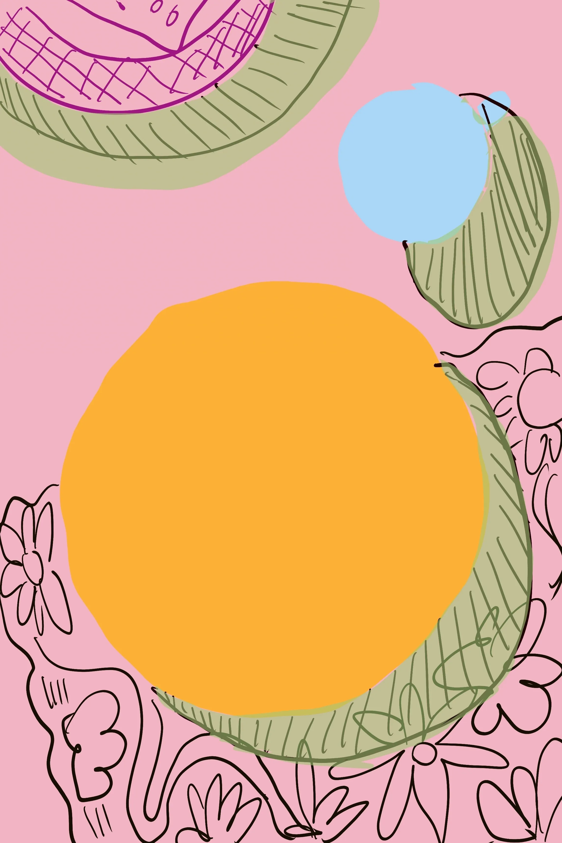 Forme astratte colorate su sfondo rosa con contorni floreali.