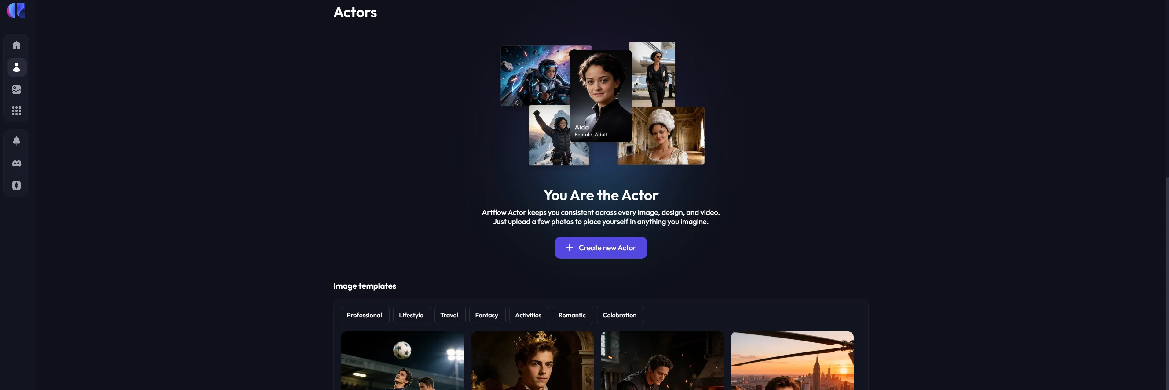 Gebruikersinterface voor een Actors-pagina met sjablonen en uploadopties.