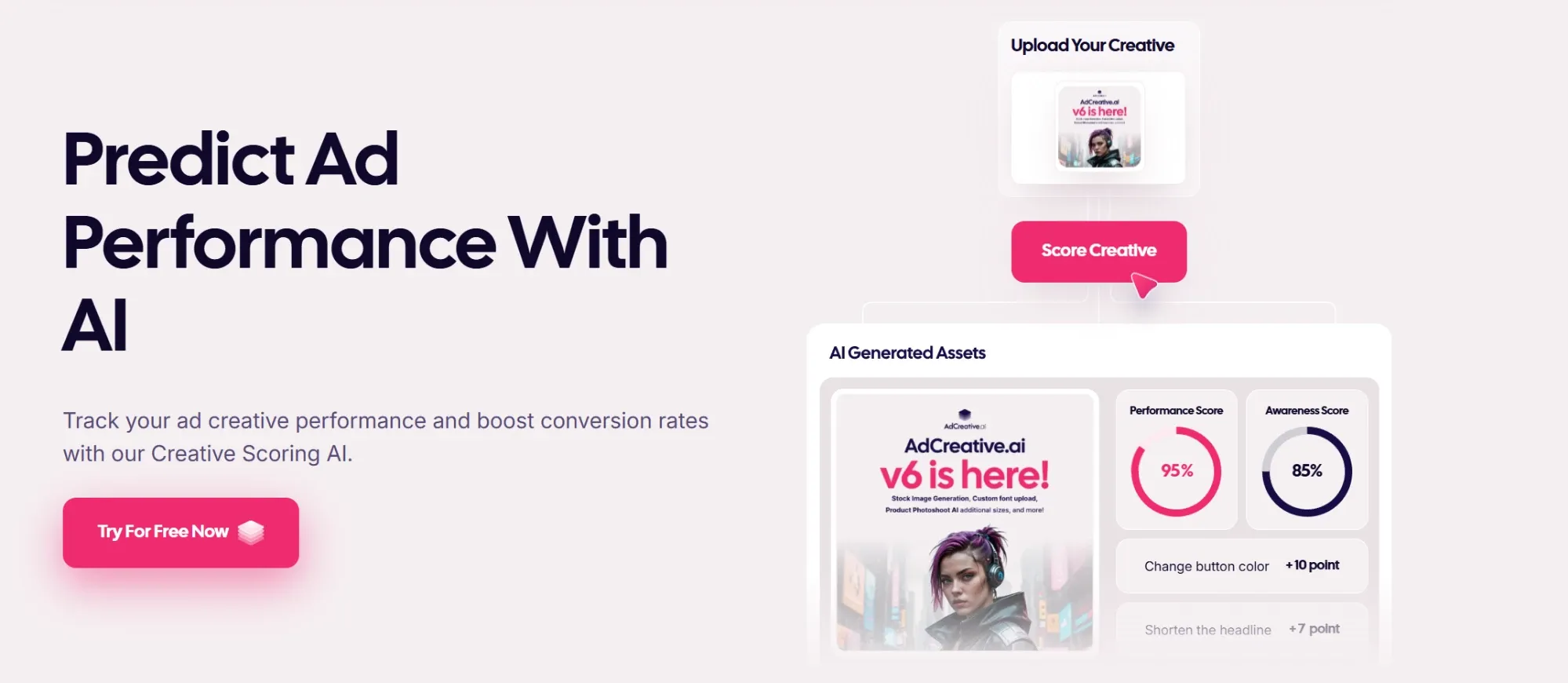 AdCreative.ai page for predicting ad performance and optimizing conversion rates with creative scoring AI
