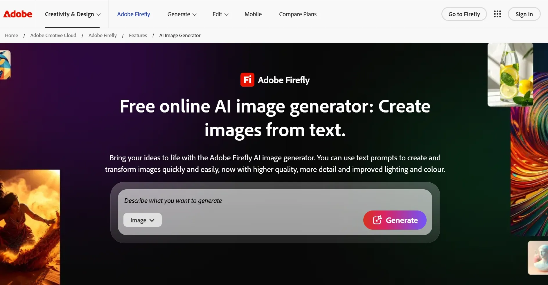 page du générateur d'images Adobe Firefly AI