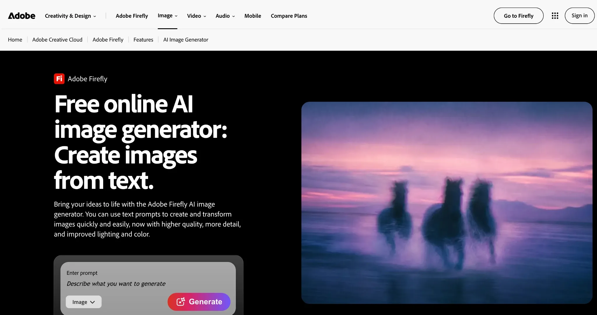 Adobe Firefly AI image generator interface with a prompt input.