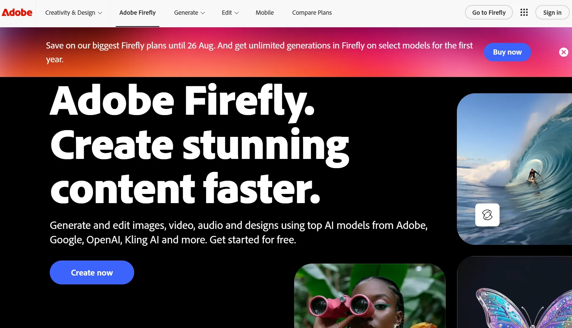 Página de inicio de Adobe Firefly que muestra herramientas creativas de IA y elementos visuales generados.