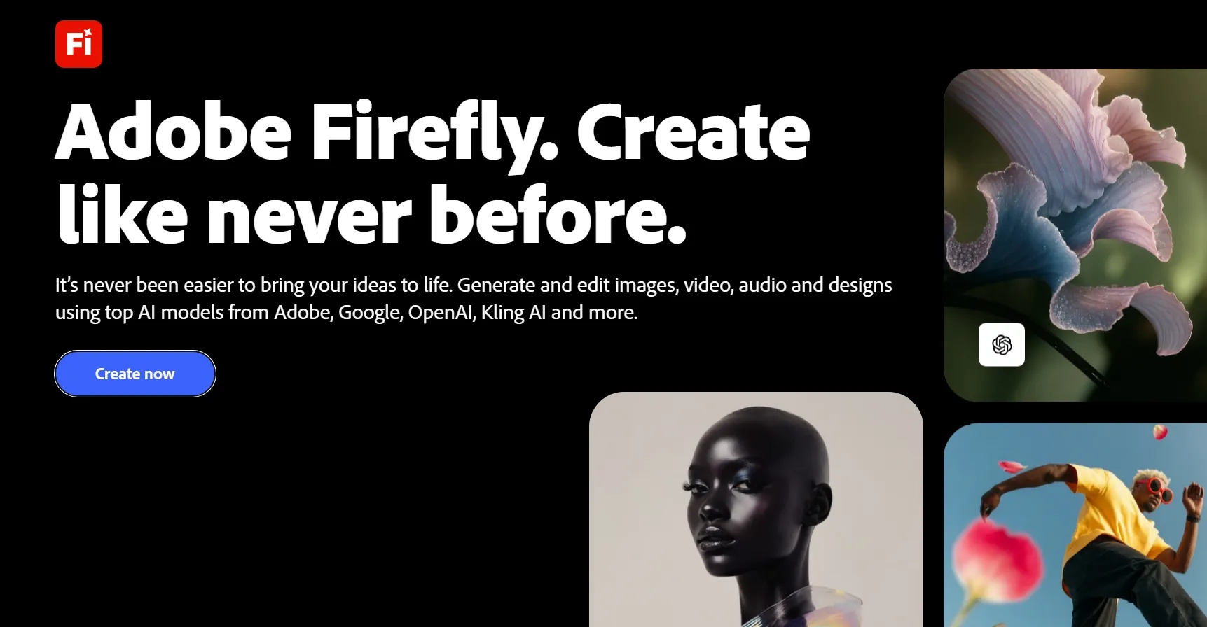 Adobe Firefly reklamebanner med kreativ tekst og billeder.