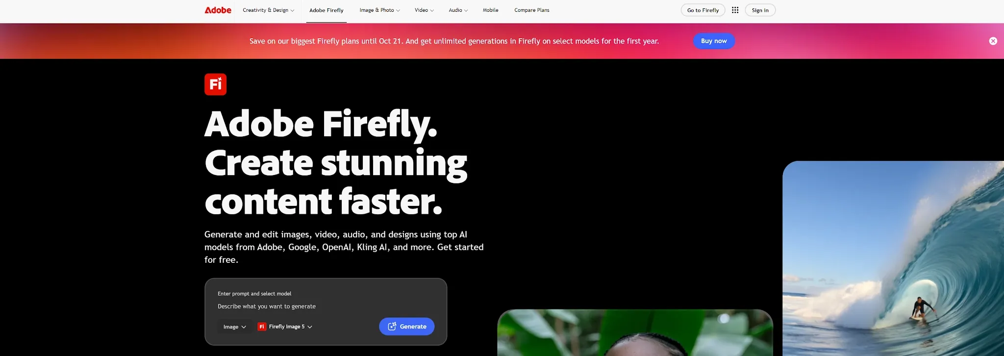 Adobe Firefly promotional page showcasing content creation tools.