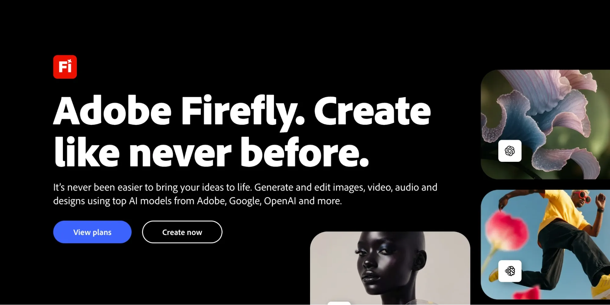 Домашняя страница Adobe Firefly с инструментами для работы с изображениями, видео и дизайном на основе искусственного интеллекта.