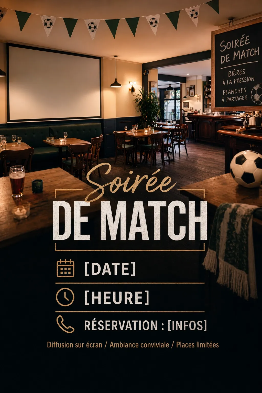 Affiche de soirée de match dans un bar avec date, heure et informations de réservation gérérée par IA