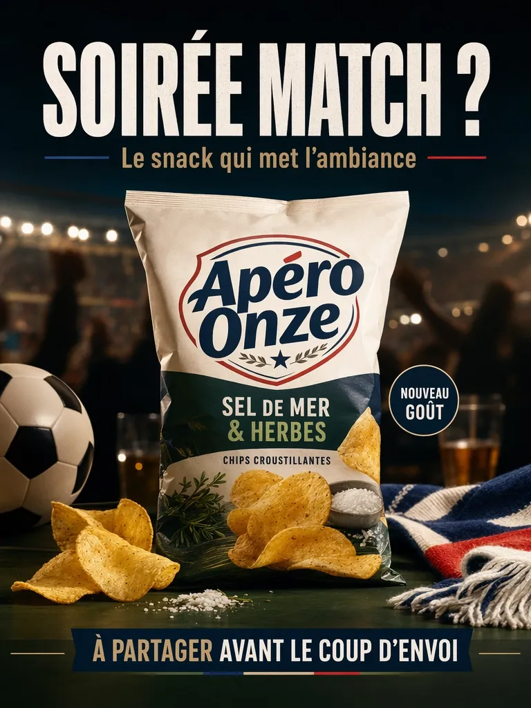 Affiche produit de chips dans une ambiance football pour une soirée match gérérée par IA