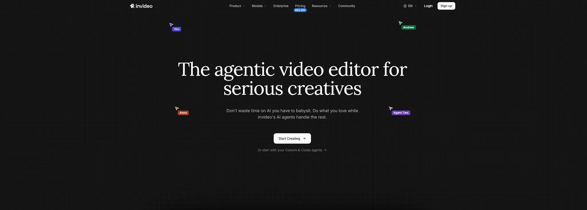 Pagina iniziale di Invideo che presenta un editor video per creativi professionisti.