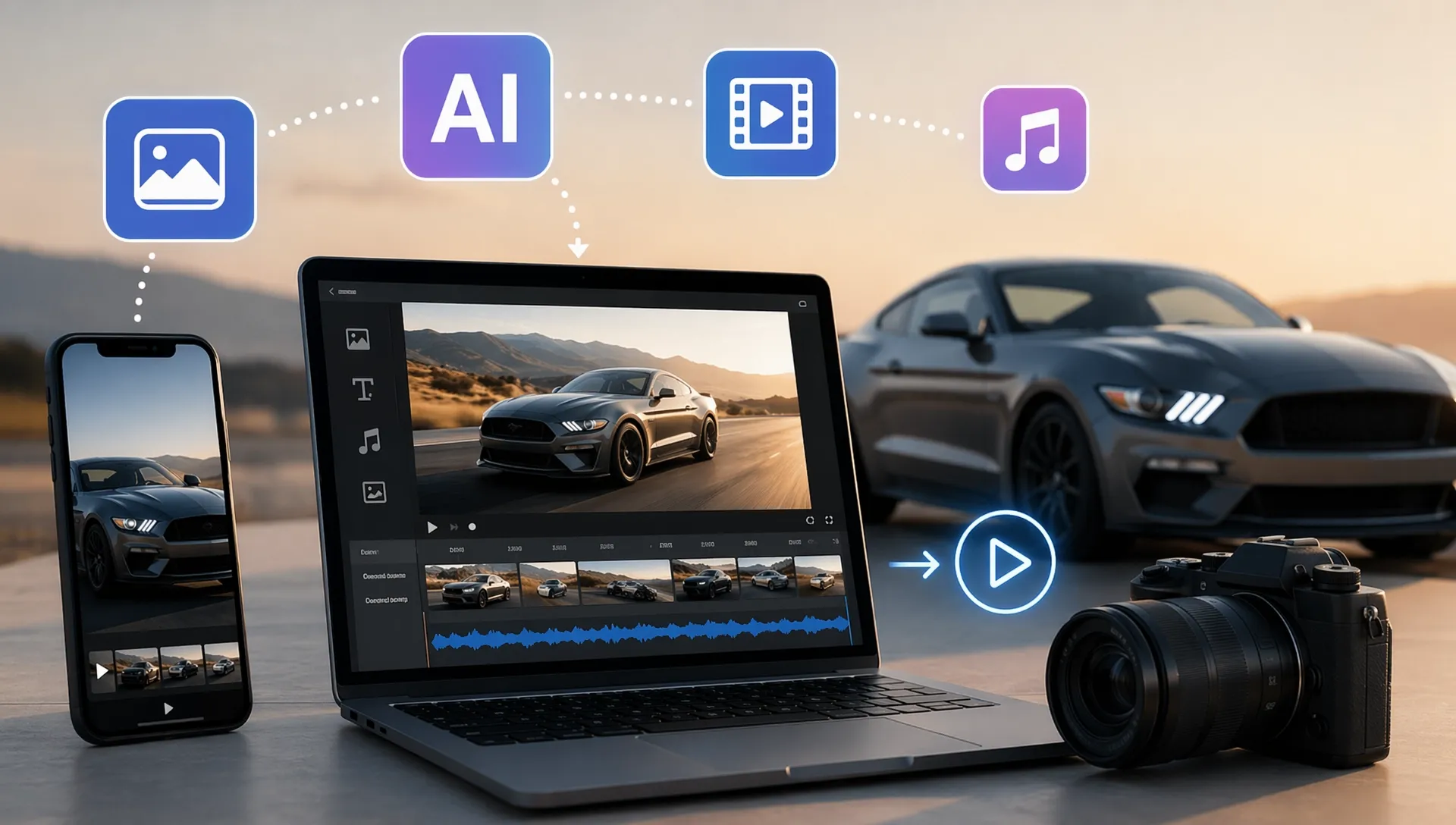 AIツールを使った動画編集の画面とカメラ、スマートフォンが表示されている