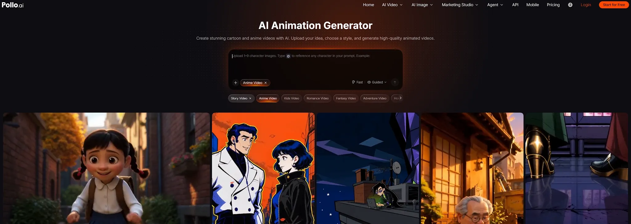 A user interface for an AI animation generator with various character styles.