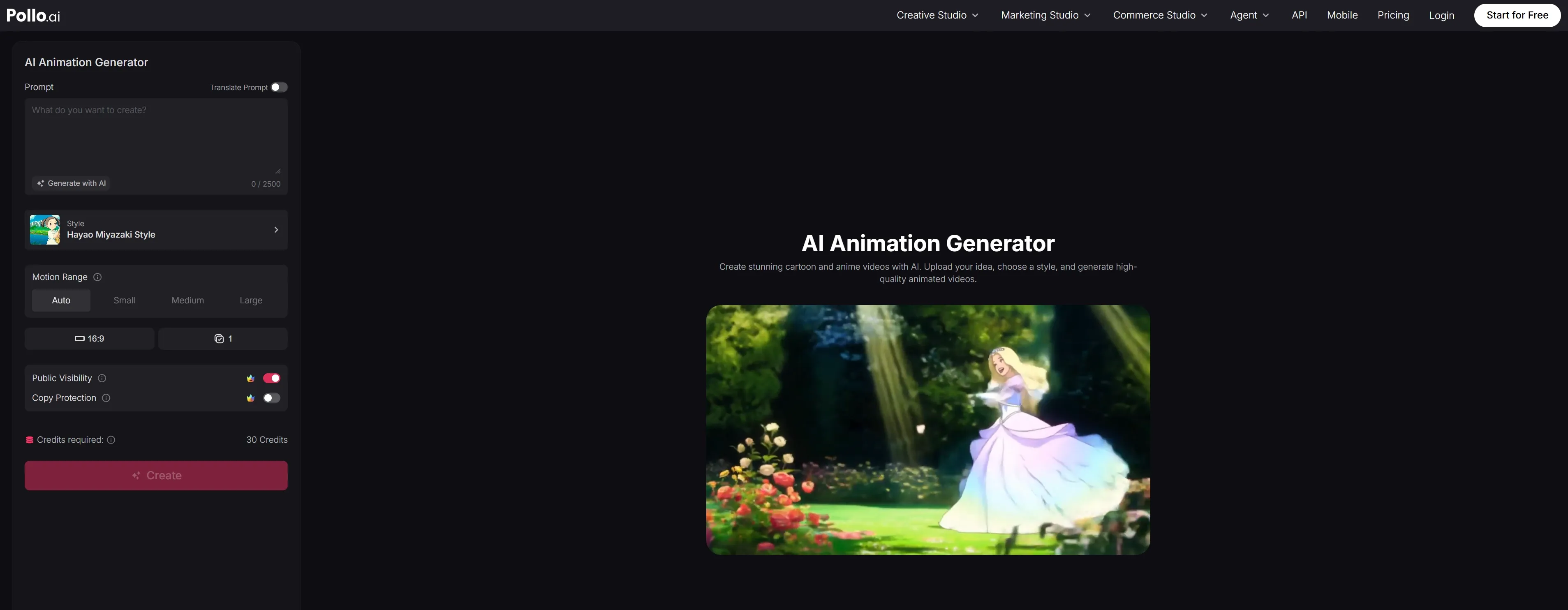 A user interface for an AI animation generator with a character in a garden.