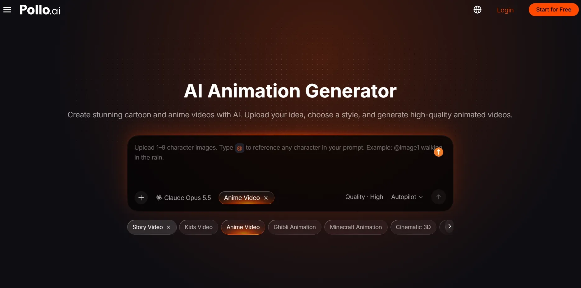User interface for an AI animation generator with style options.