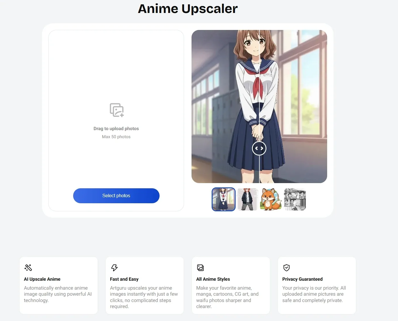 Interfaz de la herramienta de ampliación de anime con IA para mejorar la calidad de las imágenes de manga y dibujos animados con protección de la privacidad