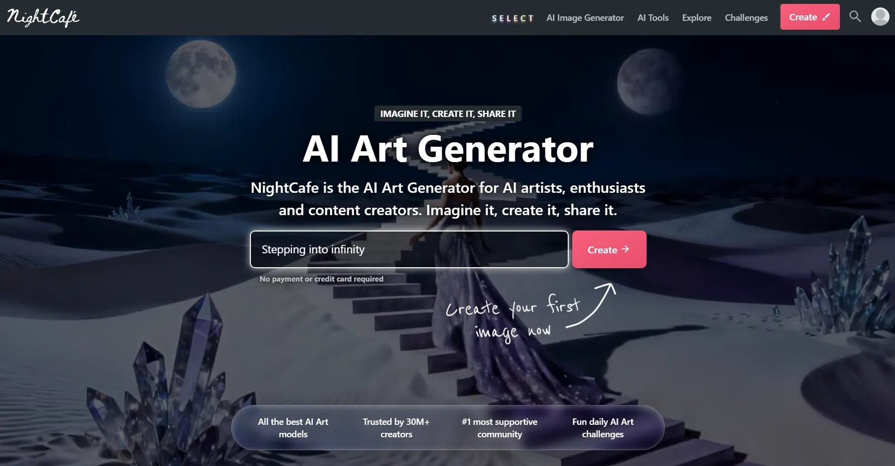NightCafe AI 艺术生成器的主页，展示了月光下的风景。