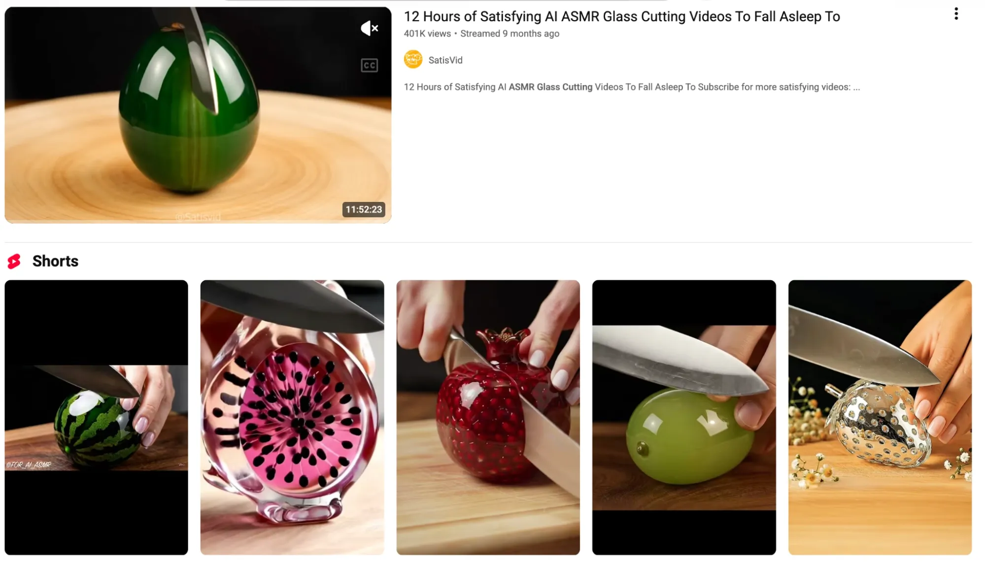 Examples of YouTube Shorts featuring AI-generated glass-cutting ASMR content