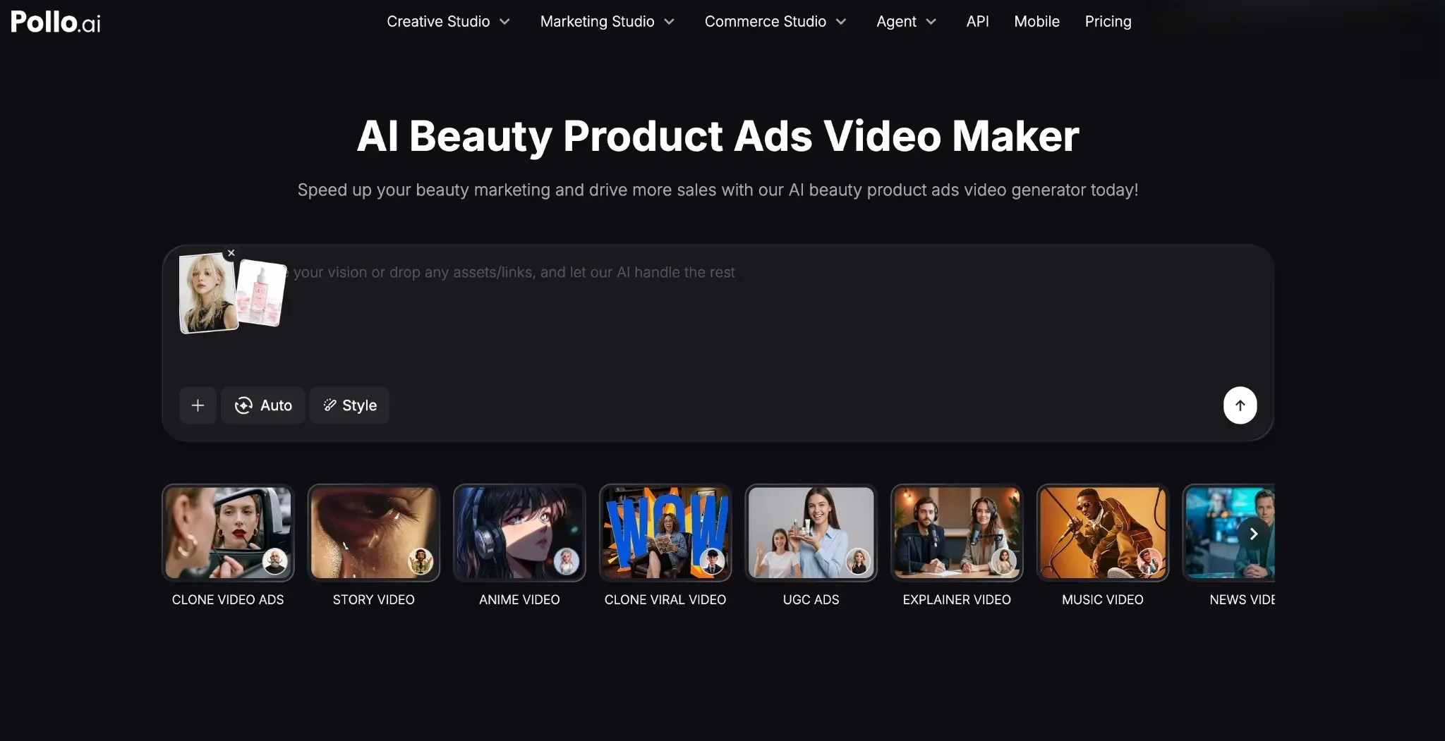 Interface for an AI beauty product ads video generator with various video styles.