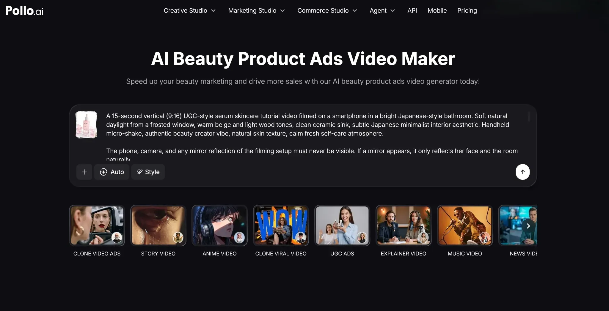 A webpage showcasing AI beauty product video creation tools and styles.