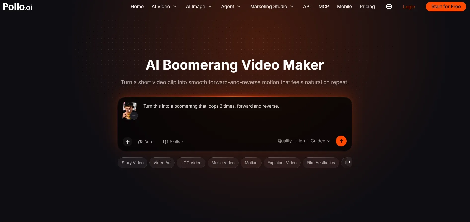 Interface of AI Boomerang Video Maker with video editing options.