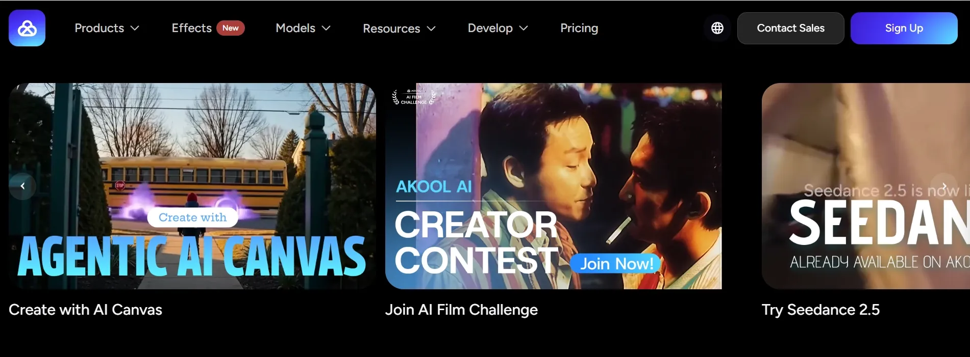 Promotional banners for AI Canvas, Creator Contest, and Seedance 2.5.