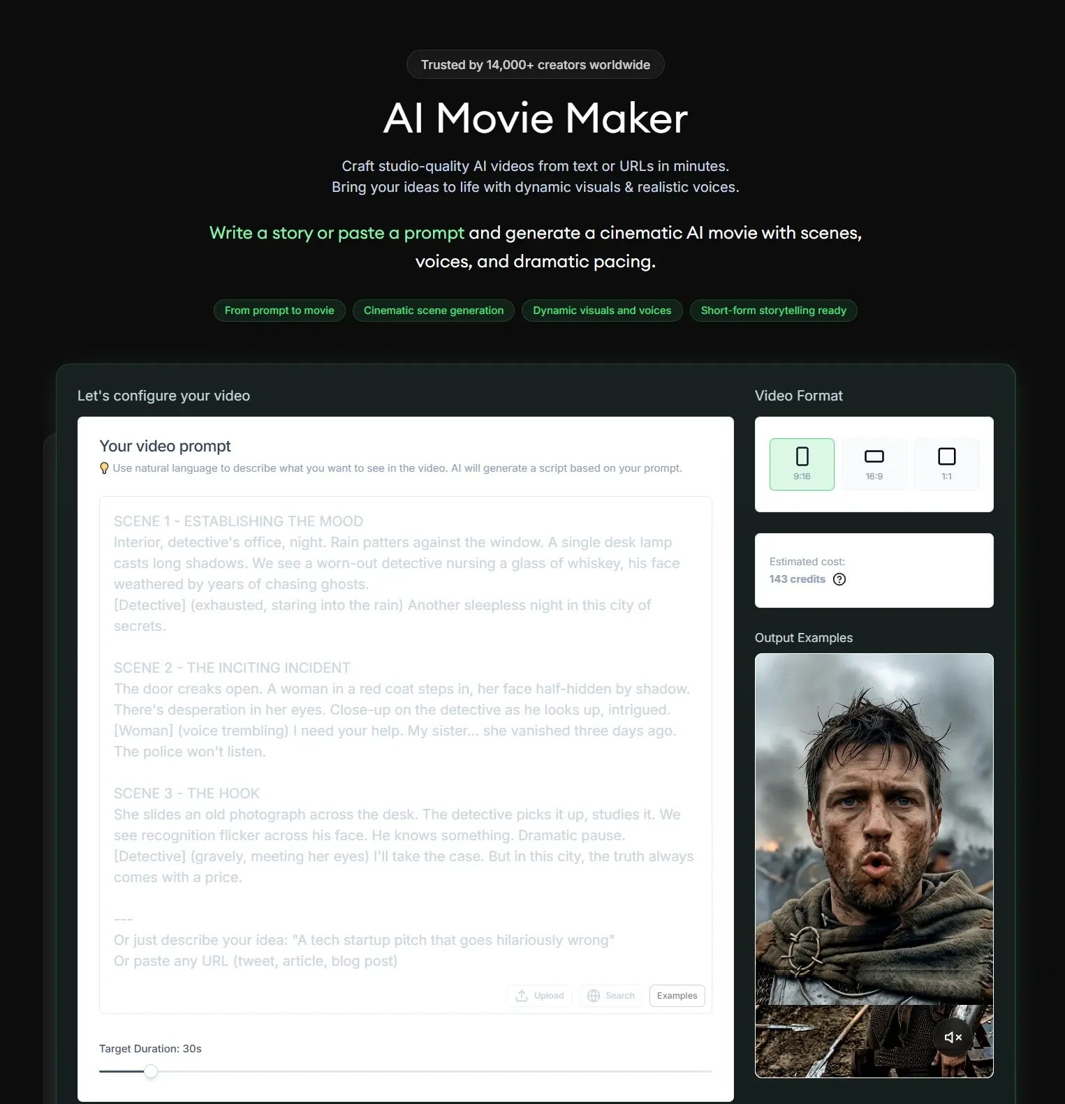 AI cinematic movie maker editing panel, supports script input and frame setting to generate cinematic story short videos