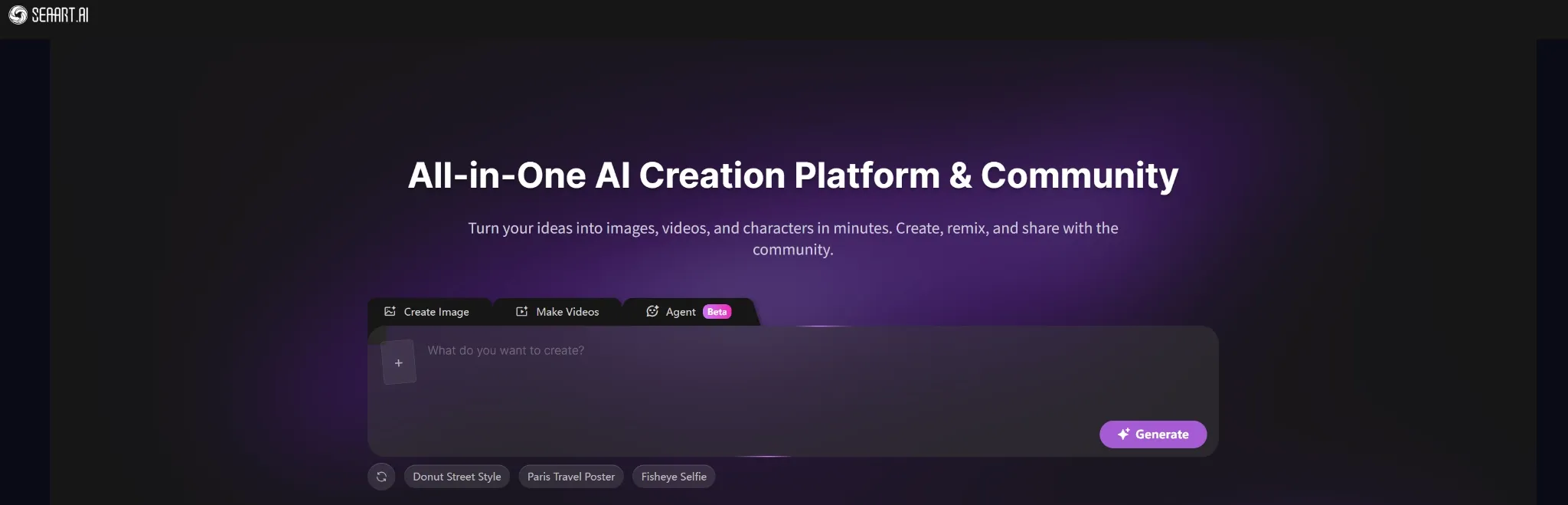 A website interface for an AI creation platform with a purple background.