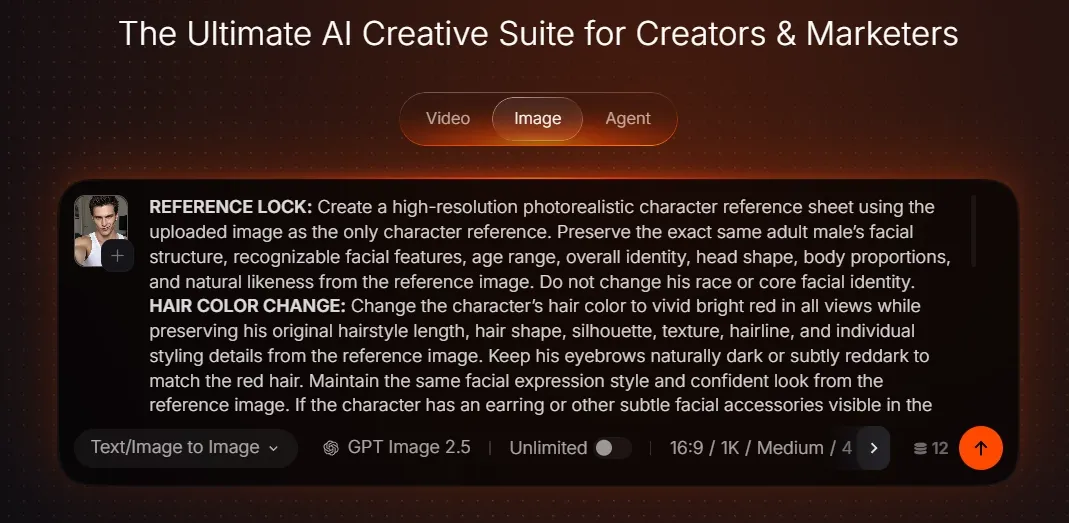 Text describing AI character reference and hair color change features.