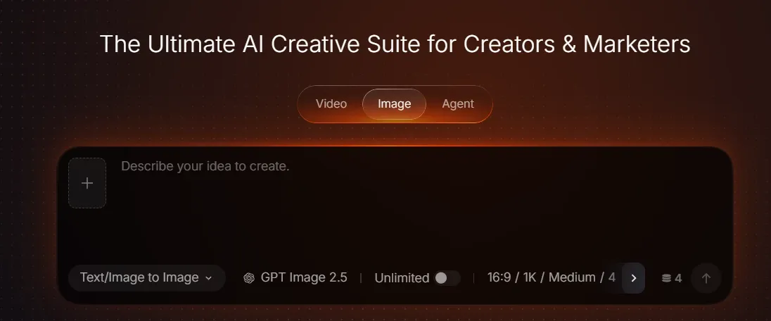 A user interface for an AI creative suite with options for video and image creation.