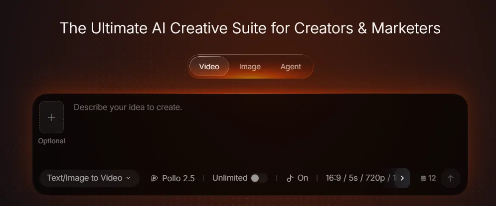 Text input area for describing creative ideas with options for video and image.