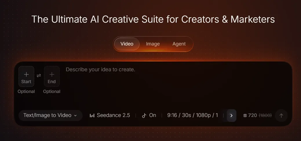 Interface of an AI creative suite for video and image creation.