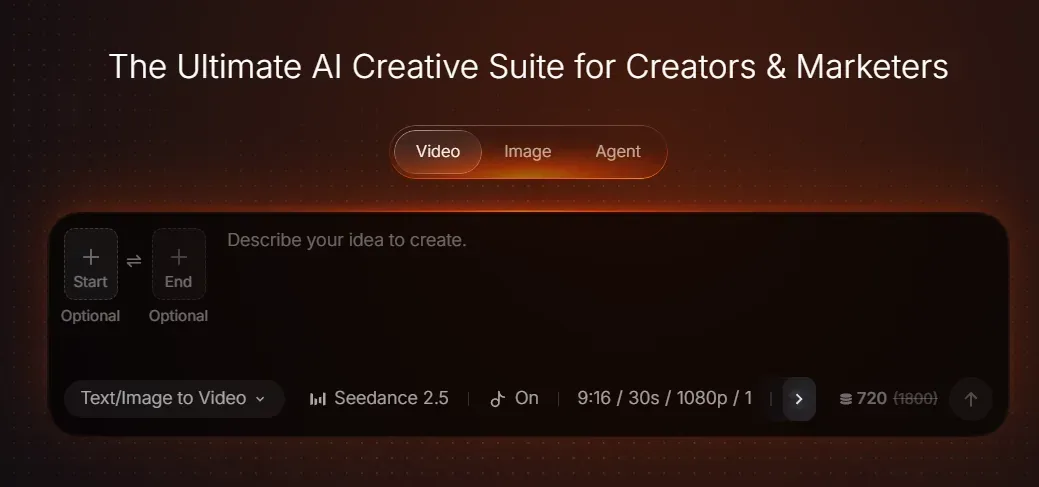 A user interface for an AI creative suite with options for video and image creation.