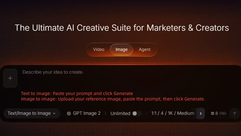 Interface for an AI creative suite with options for image generation.