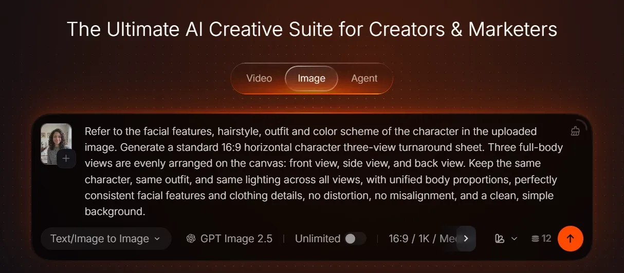 A user interface for an AI creative suite with options for video and image generation.