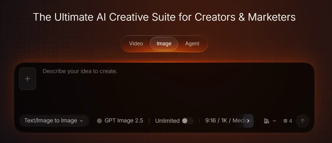 User interface for an AI creative suite with options for video and image creation.
