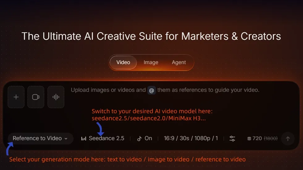 Interface for an AI creative suite for marketers and creators.