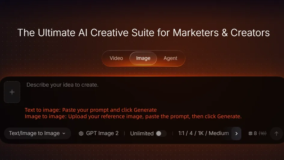 Interface for an AI creative suite with options for image generation.