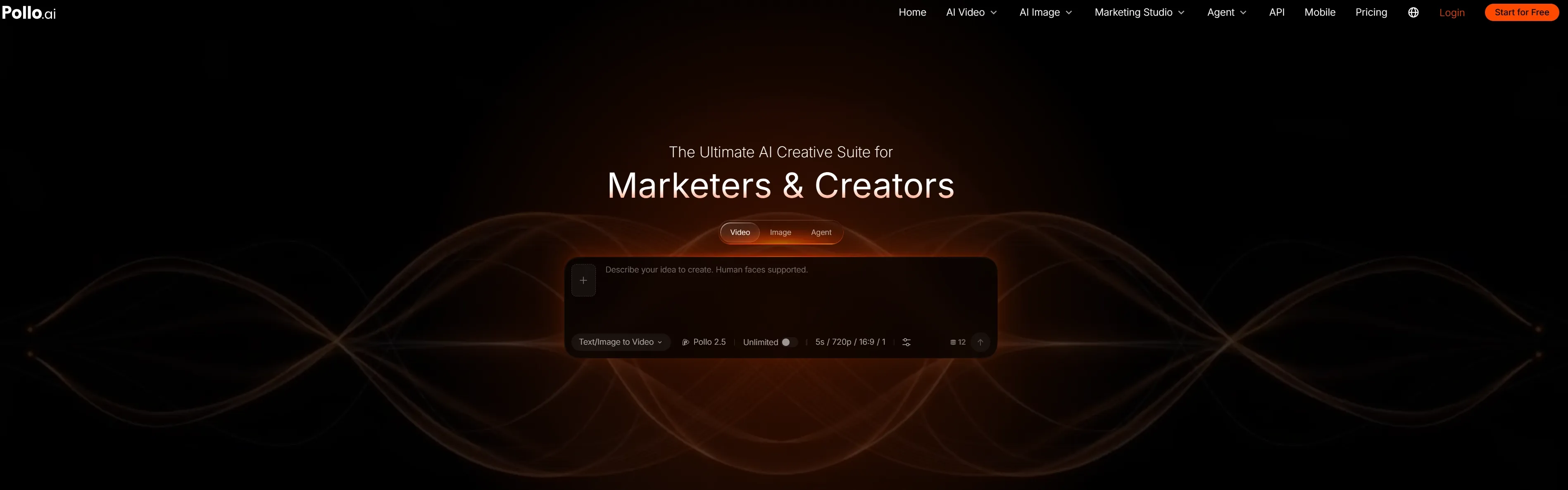 A dark interface showcasing an AI creative suite for marketers and creators.