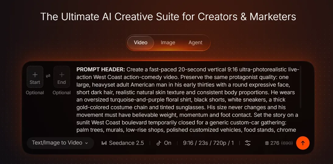 Text description for an AI creative suite video prompt with detailed character and scene instructions.