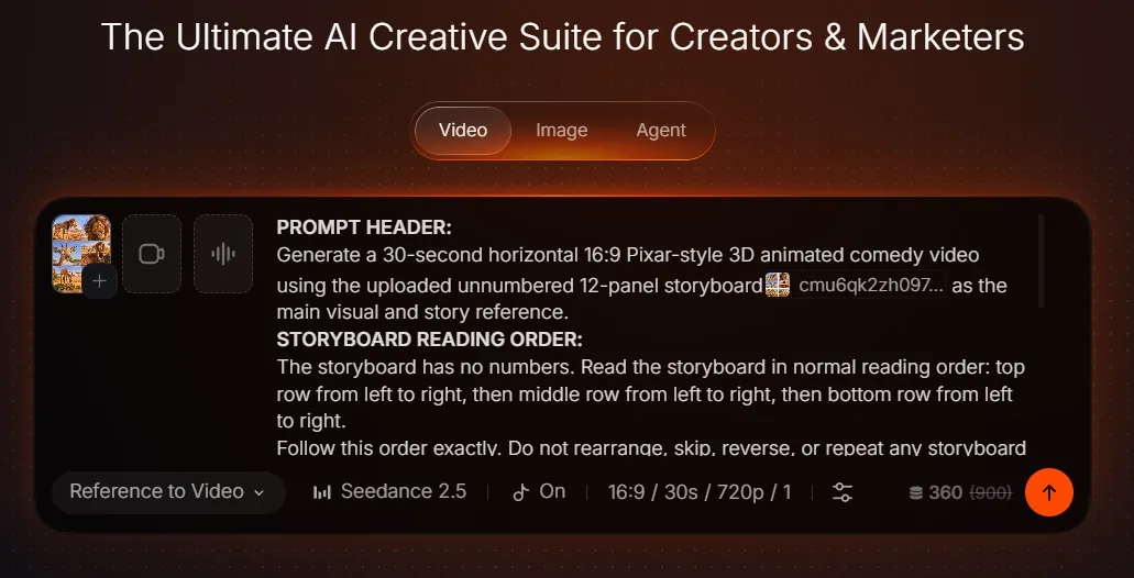 Interface for generating a 30-second animated video using a storyboard.