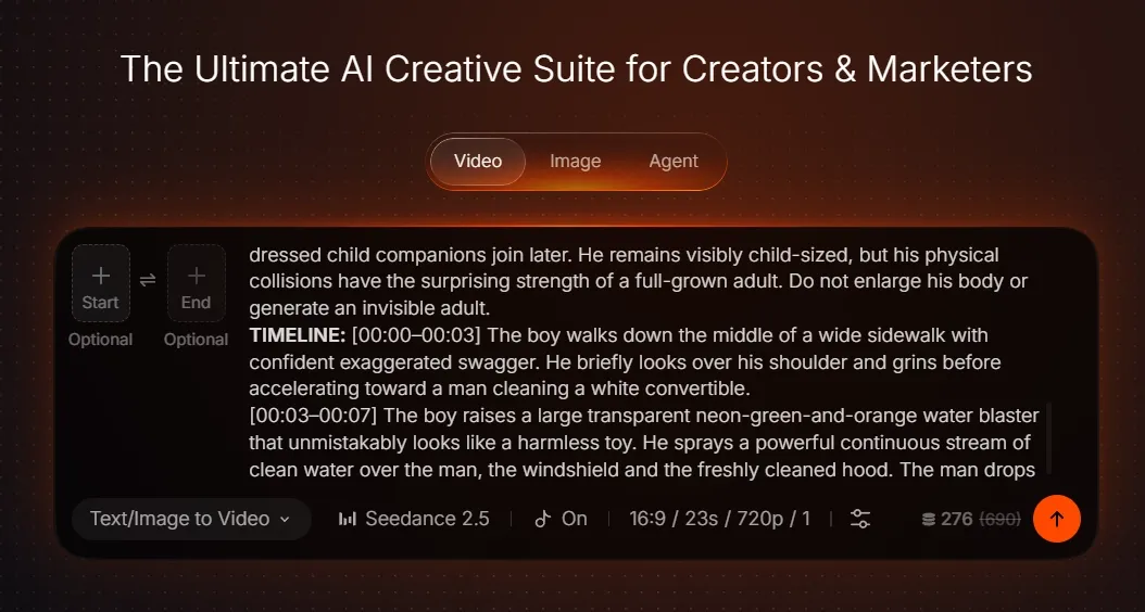 Text description of a video timeline for an AI creative suite.