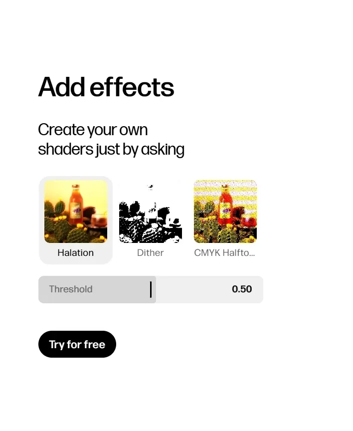 AI custom image effects panel showing adjustable visual effects including halation, dither and halftone