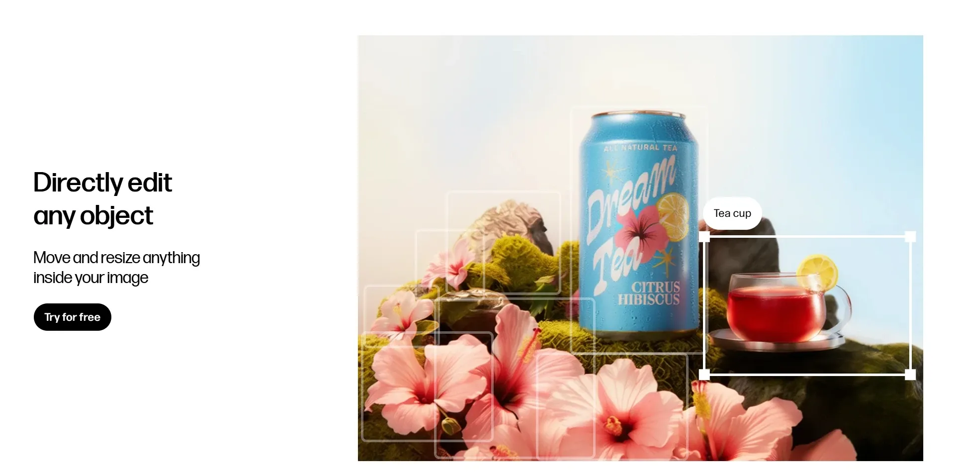 Demo of AI direct object editing function, which can move and adjust elements like cups in product images