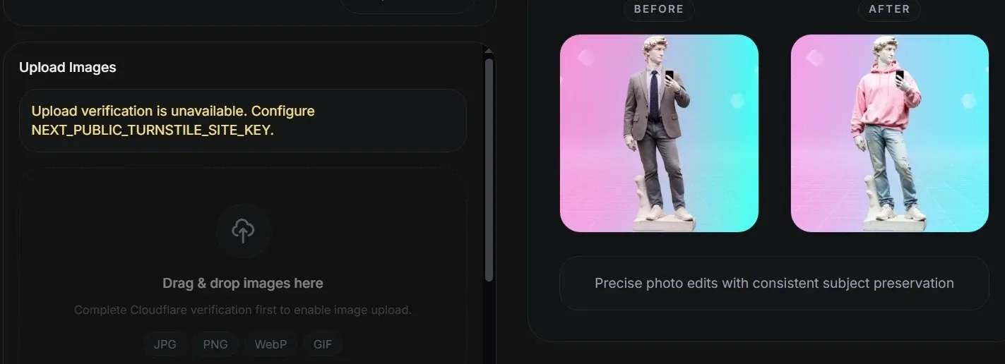 Ferramenta de edição de imagem de IA mostrando a comparação de mudança de roupa antes e depois, figura de estátua em terno formal à esquerda e moletom rosa com jeans à direita