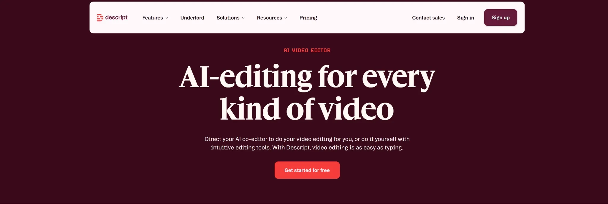 Promotional banner for AI video editing tools by Descript.
