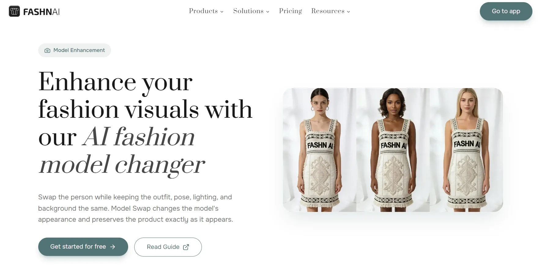 『FASHN AI』の文字とともに、3人のモデルが異なるポーズでドレスを披露している。