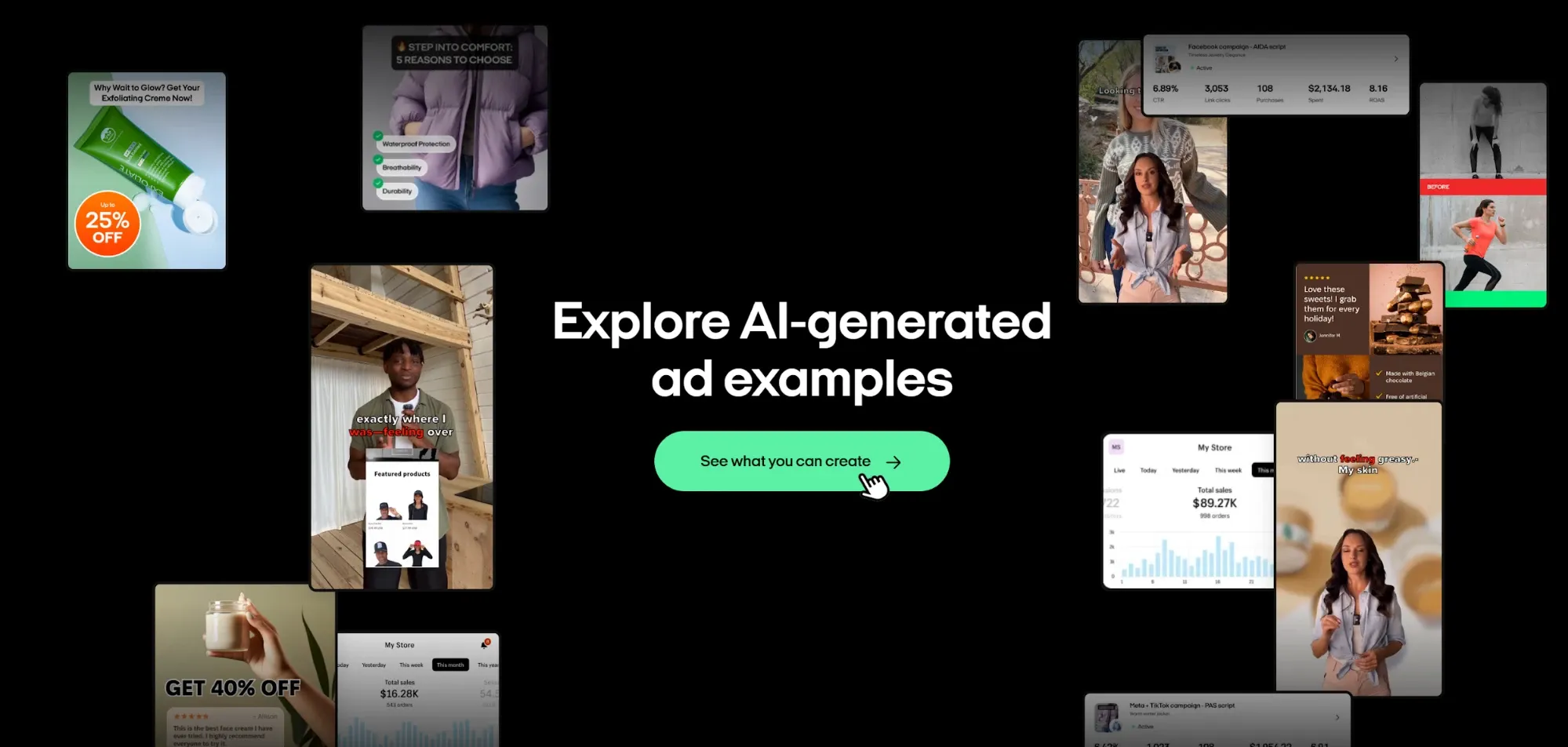 Collage af AI-genererede e-handelsannonceeksempler med korte videoannoncer og marketingdata for skønheds-, mode- og fitnessprodukter