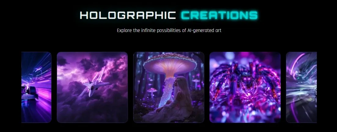 AI-generated holographic creations showcase with purple neon cyberpunk and fantasy scenes