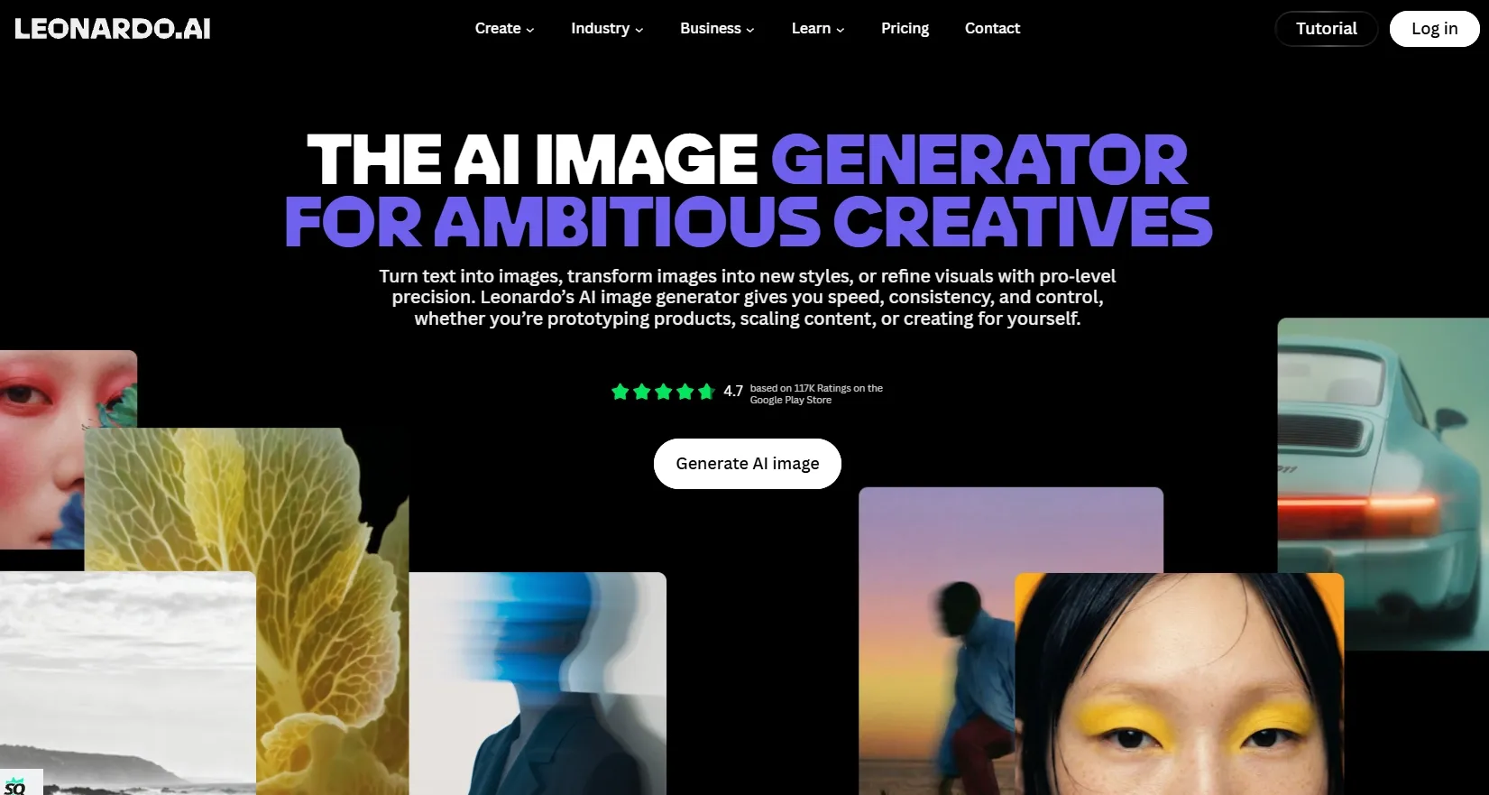 Homepage des KI-Bildgenerators mit vielfältigen visuellen Darstellungen und Funktionen.
