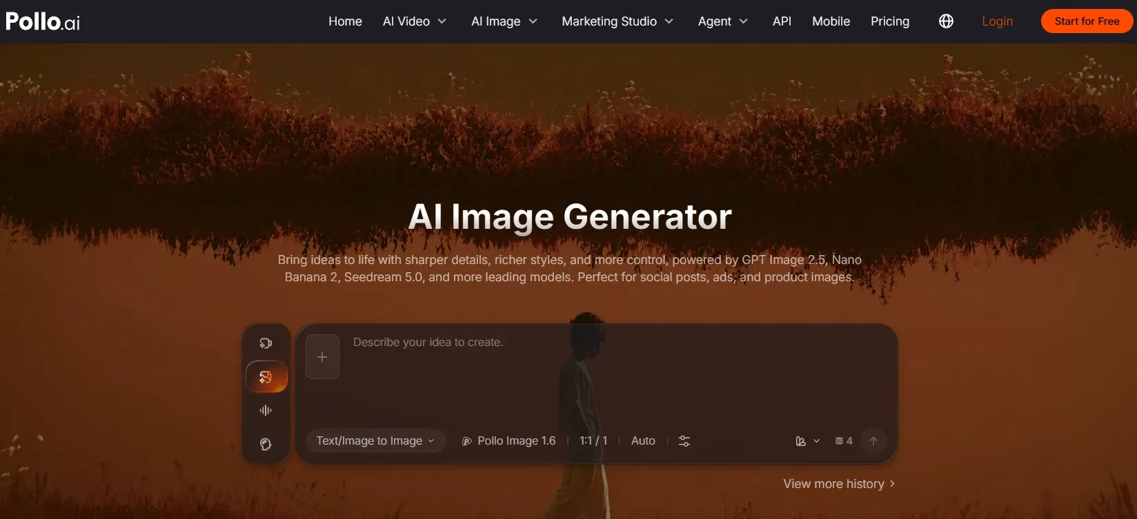 Interfaz de usuario de un generador de imágenes con inteligencia artificial, que incluye entrada de texto y controles.